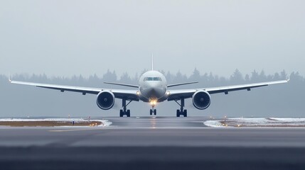 Naklejka premium Large Passenger Airplane Landing On Snowy Airport Runway