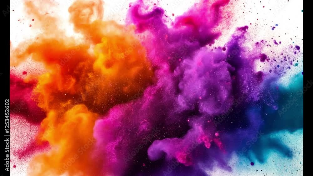 Poster chromatic cloud burst: a vibrant explosion of multicolored powder, creating a dynamic and artistic c