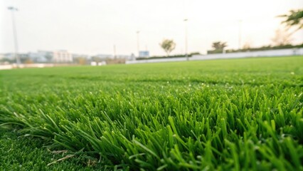 Lush green artificial grass background with subtle texture and soft focus, verdant fields, natural fiber