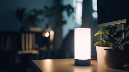 Cozy nightstand lamp casting soft glow in home interior setting with plants