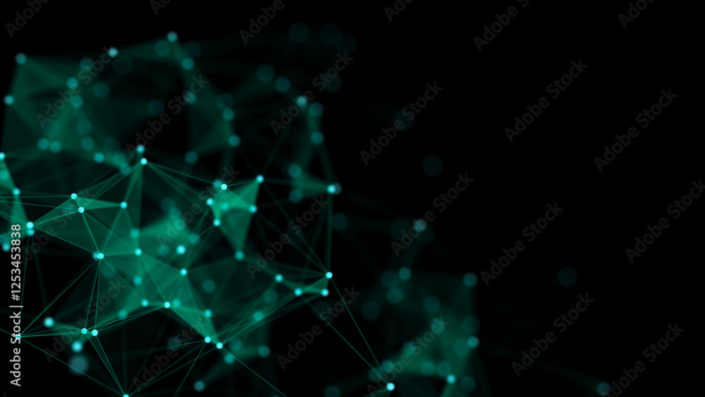 Poster Green abstract background with connection lines, dots and triangles. Technology network connection. Digital structure of particles. 3D rendering.