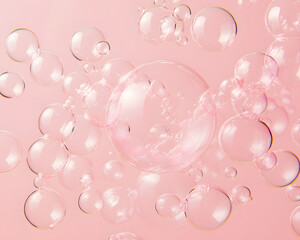 Surreal close up of perfectly formed bubbles on soft pink background