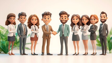 Obraz premium Happy executives shaking hands after successful business deal, 3D cartoon style