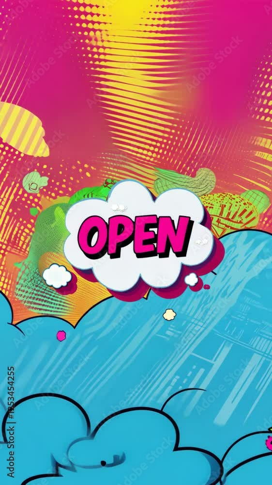 Poster a comic book cover with a blue background and a cloud with the word open in pink. the word open is w