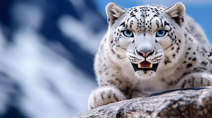 Fototapeta premium A snow leopard crouching on a rocky surface, showcasing its striking blue eyes against a blurred snowy mountain backdrop