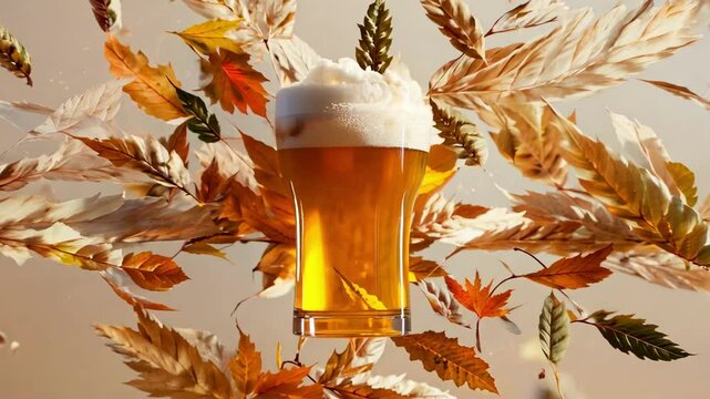 Illustration of a beer glass with foam splashing, surrounded by barley, hops, and grains on a beige background, depicting brewing elements. AI