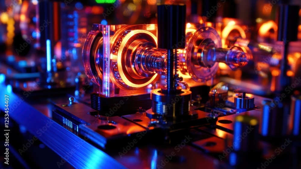 Poster vibrant neon lights illuminate a quantum computing laboratory setup, highlighting intricate machiner