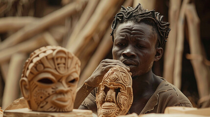 A craftsman in Burkina Faso carves intricate designs into wooden masks; blending tradition with artistry to create items that reflect his cultural heritage.