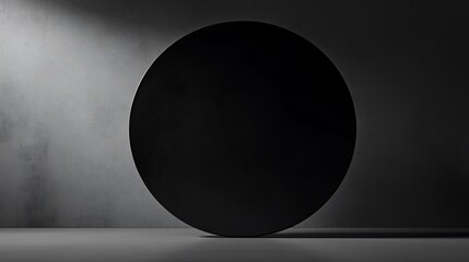 Monochromatic Minimalism: Black Circle against Textured Gray Wall with Shadow Play