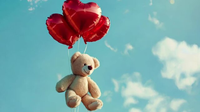 Plush teddy bear floats with pink heart-shaped balloons in the sky.
