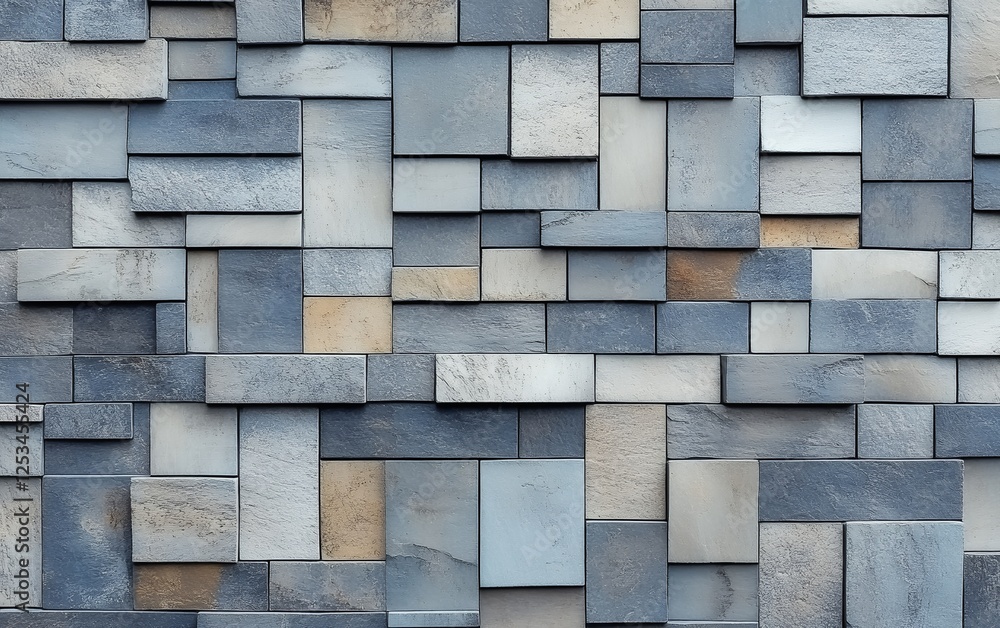 Poster slate wall design featuring a combination of irregularly shaped and colored tiles in blue, grey, and