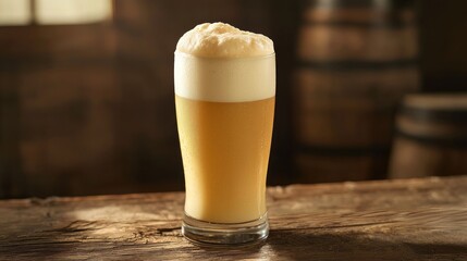 A frothy pint of golden lager in a rustic wooden pub setting.