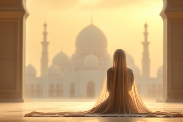 A captivating Muslim woman wearing a stylish hijab and a modest long skirt, showcasing different styles in front of an intricately designed mosque at golden hour.