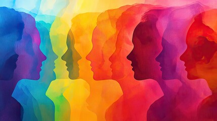 Abstract illustration of diverse colorful silhouettes representing inclusivity, diversity, and the strength of a united community, celebrating differences and highlighting the importance of equality