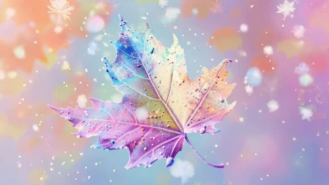 Maple leaf resting on a blend of pink, orange, and blue paint, forming an abstract and vibrant composition with smooth textures. ai