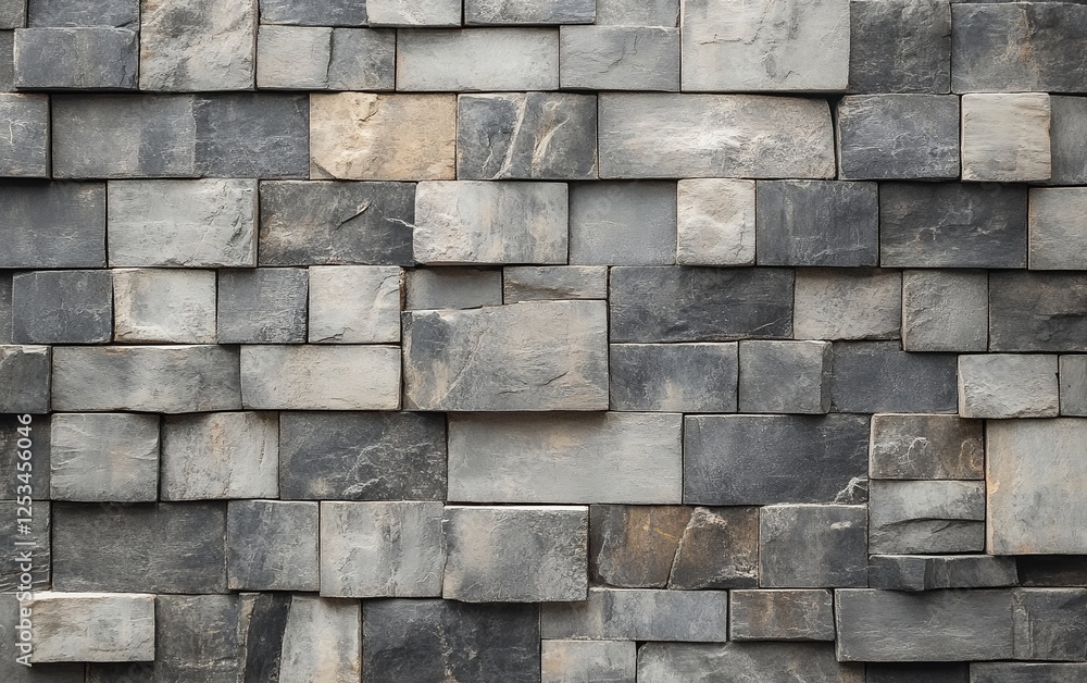 Poster close-up of slate stone wall featuring randomly arranged rectangular tiles with smooth surface textu