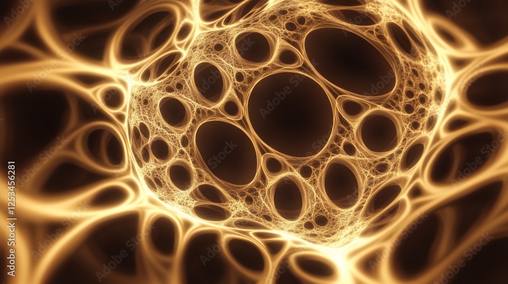 Poster abstract golden geometric network with circular openings and glowing lines