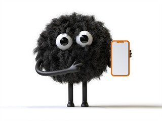 Fluffy, cute monster holding a phone, symbolizing tech support or communication. 3D rendering, conceptual image. Isolated on white background.