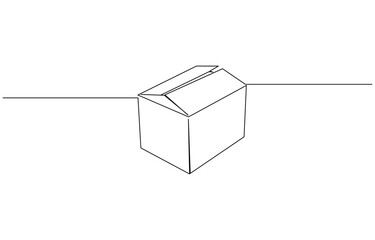 Continuous one line drawing of a cardboard box. Online shopping concept vector illustration, A cardboard box is drawn by one black line on a white background.