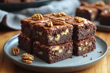 Stacked pecan brownies on plate, wooden table, baking background