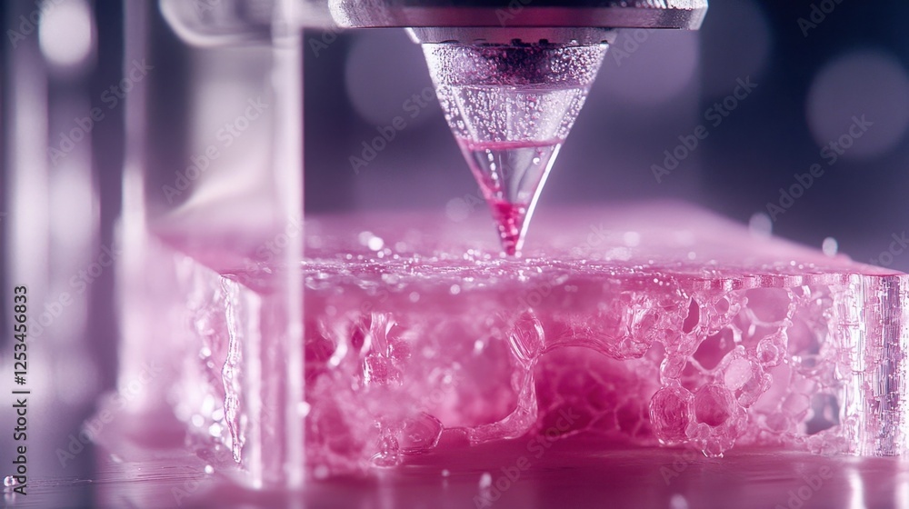 Poster close up of a 3d printer nozzle depositing pink polymer onto a textured surface. the intricate detai