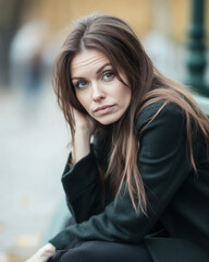 Obraz premium Woman sits pensively in a city park during autumn, reflecting on her thoughts and surroundings