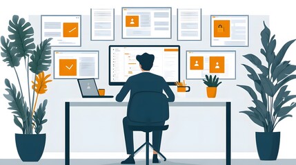 Fototapeta premium Employee working on deadline-driven projects with reminders popping up, flat vector style