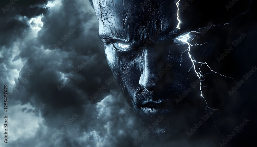 Aufkleber intense face emerging from dark clouds with lightning striking