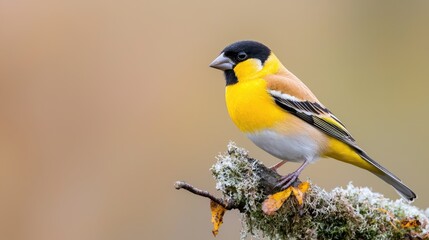 Obraz premium Yellow bird perched on branch, autumn background, wildlife photography, nature
