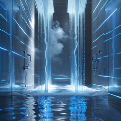 A futuristic shower with cascading water and glowing blue lights creates a serene and immersive experience.