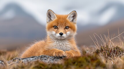 Fototapeta premium Red Fox Kit in Mountain Meadow. Possible use Children's book illustration