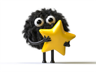 Fluffy, cute monster holding a star, symbolizing achievement or rating. 3D rendering, conceptual image. Isolated on white background.