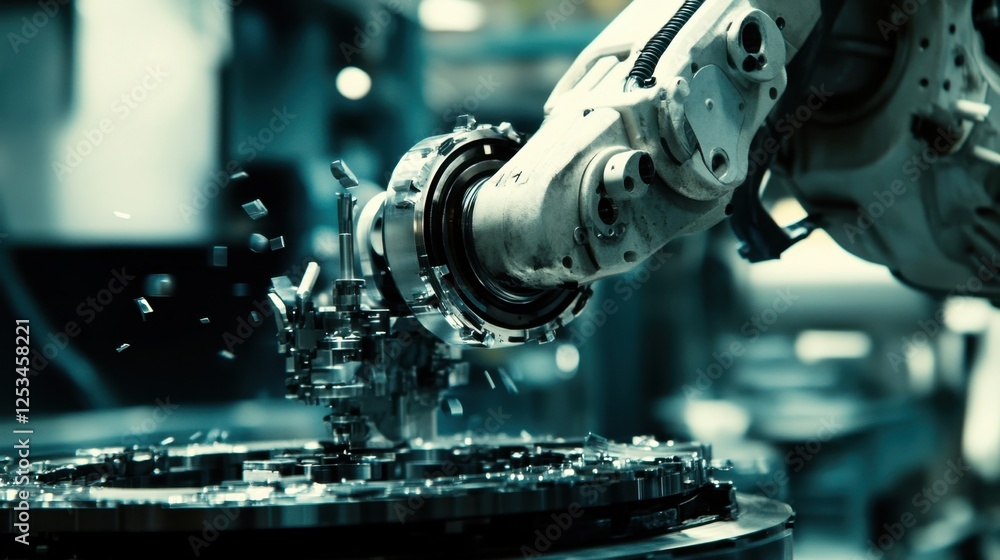 Aufkleber robotic arm precisely manipulates components in a high tech laboratory setting, showcasing the cutti