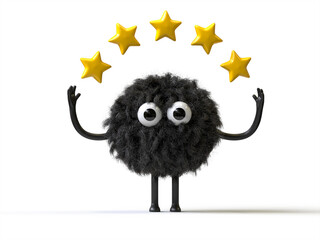 Fluffy, cute monster with five stars, representing top-quality service. 3D rendering, conceptual image. Isolated on white background.