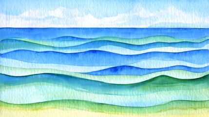 Abstract Watercolor Ocean Waves Seascape Painting