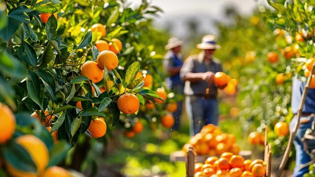 Lush orange grove with farmers harvesting ripe citrus fruits AI