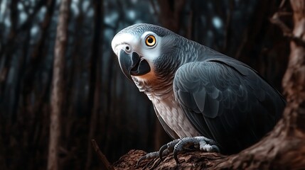 Obraz premium A striking gray parrot perched on a branch in a dark, mysterious forest, surrounded by blurred trees