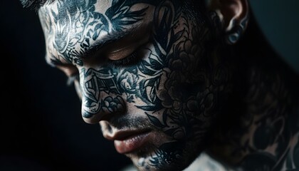 Portrait of Young Man with Intricate Black Tattoos on Face and Body