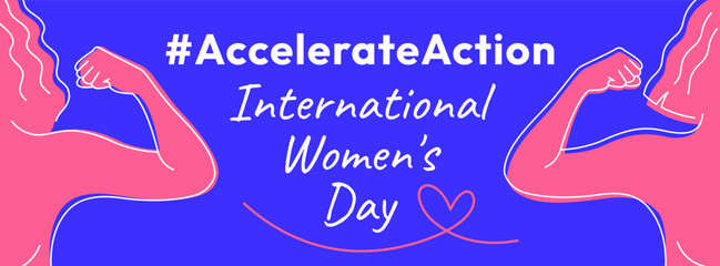 International Women's Day 2025 banner. Accelerate Action campaign pose. Outline women doing strength gesture with arm to show solidarity and support for women's rights and gender equality.