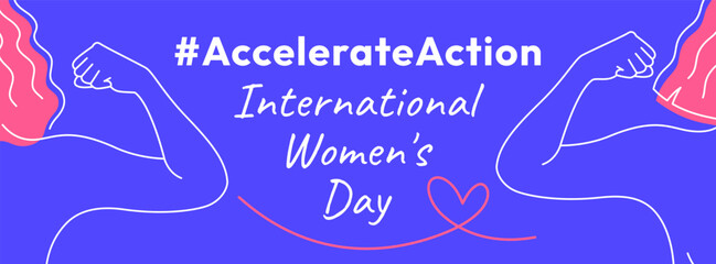 International Women's Day 2025 banner. Accelerate Action campaign pose. Outline women doing strength gesture with arm to show solidarity and support for women's rights and gender equality.