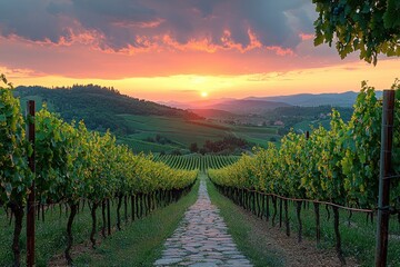 Naklejka premium Vineyard sunset path, rolling hills, colorful sky