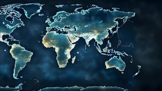 A world map featuring outlined continents with a dark background and illuminated edges, highlighting geographic features.