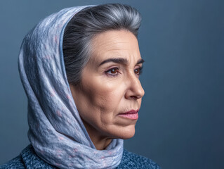 Fototapeta premium Elderly woman with a gray scarf expressing deep contemplation against a solid background