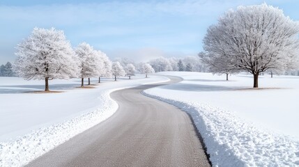 Fototapeta premium Winding road through snowy park, winter landscape, scenic drive