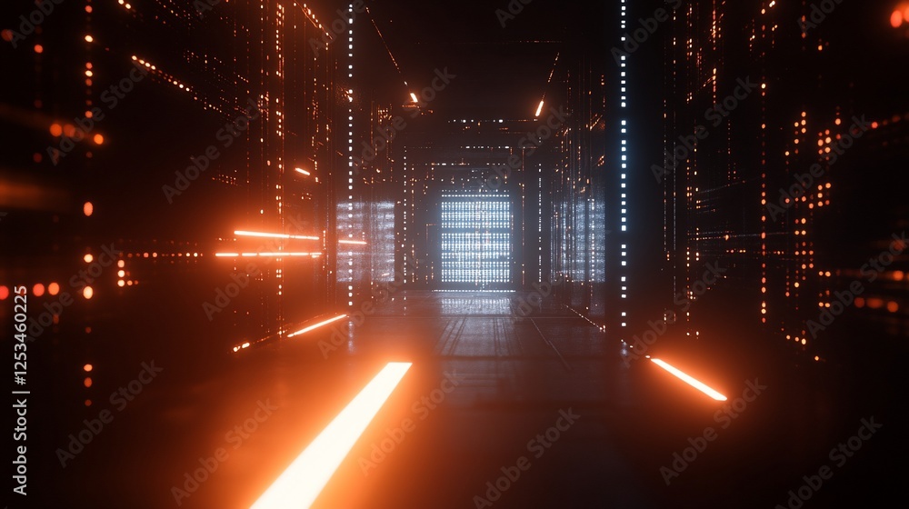 Poster abstract futuristic corridor with glowing lines and geometric shapes and lights