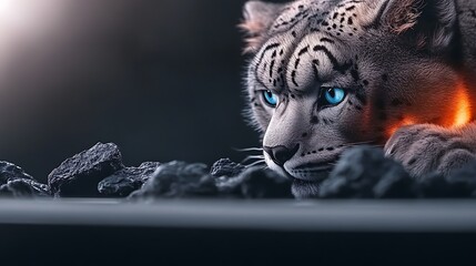 A striking snow leopard with piercing blue eyes, poised on dark rocks, amidst a dramatic background