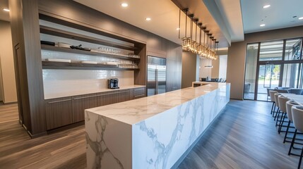 Modern Kitchen Interior with Marble Countertop and Stylish Lighting Fixtures