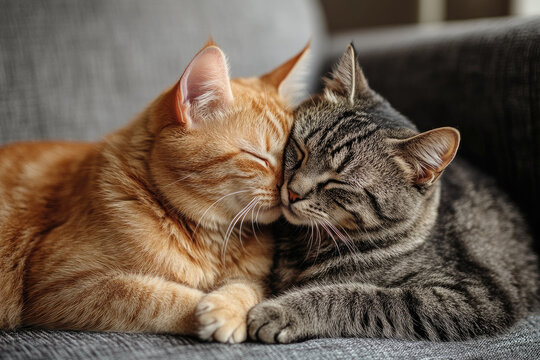 Two beautiful kittens sit closely on a plush sofa, sharing a tender moment while resting their heads together, radiating warmth and affection in a cozy living space. - Powered by Adobe