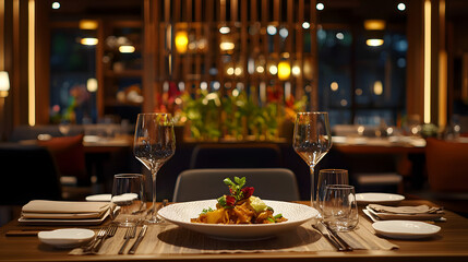 Elegant Thai Pad Krapow Moo Presentation in Fine Dining Setting