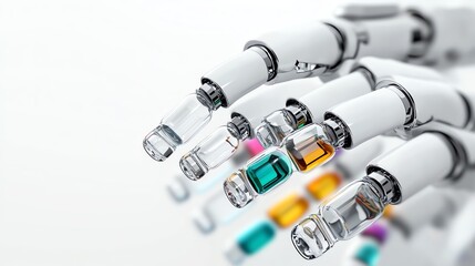 a hightech robotic arm handling pharmaceutical vials, futuristic biotech automation, hyperdetailed, isolated on white background